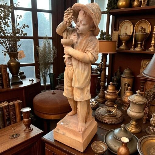 Antique Terra Cotta Statue of a Boy with Grapes - Image 2
