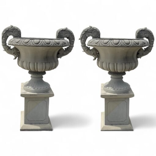 Pair of Italian  Neoclassical Limestone Urns on Pedestals