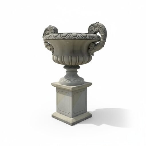 Pair of Italian  Neoclassical Limestone Urns on Pedestals - Image 2