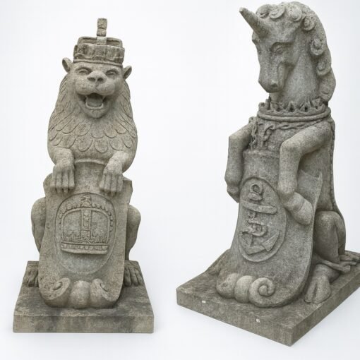 Pair of English Cast Stone Lion and Unicorn Statues