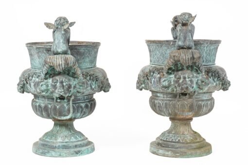 Pair Cherub and Lion Head Bronze Garden Urns - Image 3