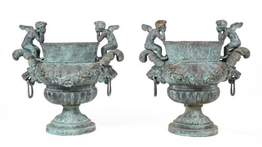Pair Cherub and Lion Head Bronze Garden Urns - Image 4