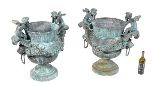 Pair Cherub and Lion Head Bronze Garden Urns - Image 2