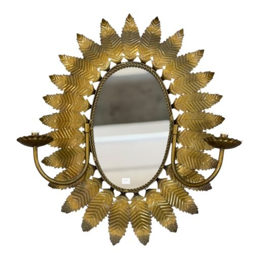 Vintage  Gilt Metal Sunburst Mirror and Sconce with Leaf Motif - Image 2