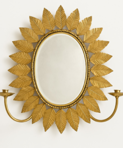 Vintage  Gilt Metal Sunburst Mirror and Sconce with Leaf Motif