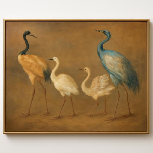 Large 1945 Korean Gouache Cranes Painting
