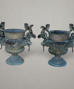 Pair Cherub and Lion Head Bronze Garden Urns