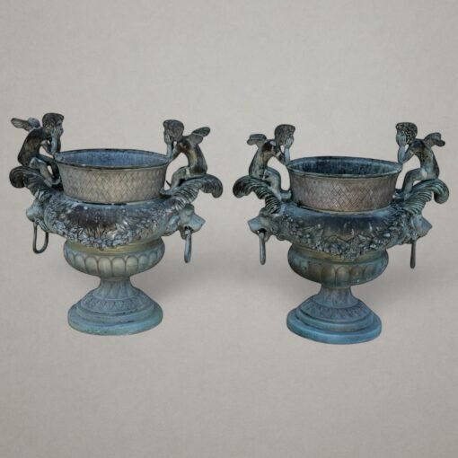 Pair Cherub and Lion Head Bronze Garden Urns