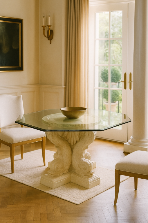 Regency Style Table with Modern  Plaster Dolphin Base and Octagonal Glass Top