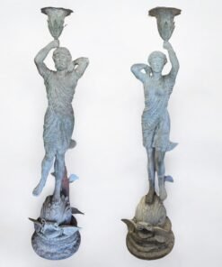 Bronze Roman Male and Female Figures on Dolphins with Uplight's