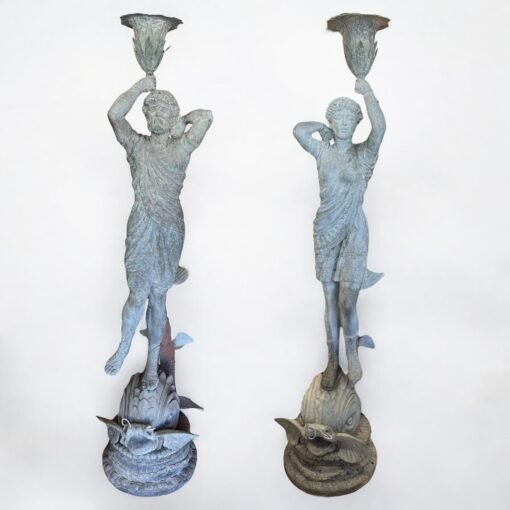 Bronze Roman Male and Female Figures on Dolphins with Uplight's
