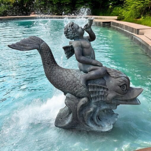 Antique Bronze Fountain Boy & Dolphin