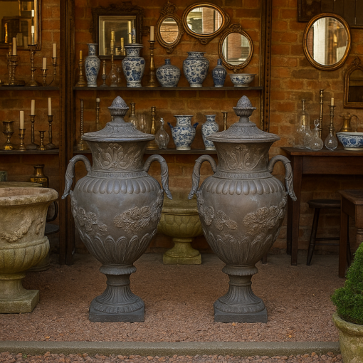 Monumental Vintage Urn With Lid Classic Cast Bronze Verdigris Patinated - a Pair