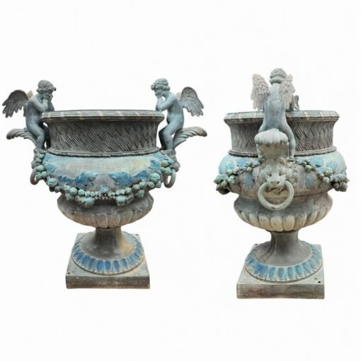 Vintage  Large Boho Patinated Bronze Double Cherub Planter