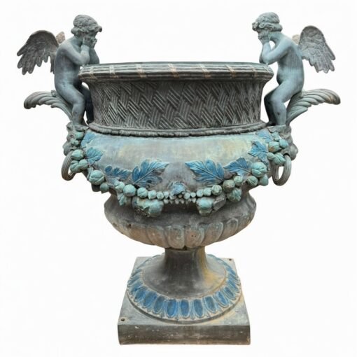 Vintage  Large Boho Patinated Bronze Double Cherub Planter - Image 2