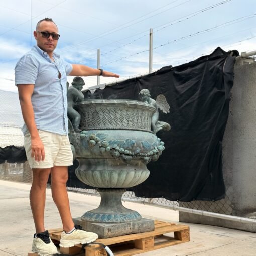 Vintage  Large Boho Patinated Bronze Double Cherub Planter - Image 3