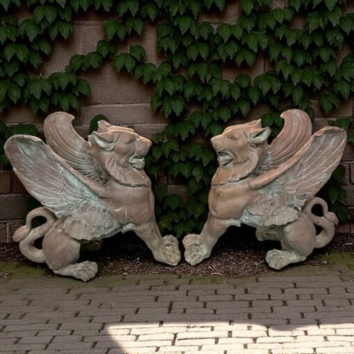 19th Century Pair Cast Bronze Garden Griffins - Image 3