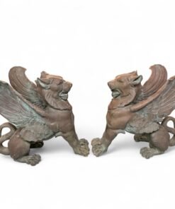 19th Century Pair Cast Bronze Garden Griffins