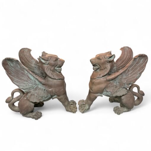 19th Century Pair Cast Bronze Garden Griffins