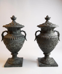 Monumental Vintage Urn With Lid Classic Cast Bronze Verdigris Patinated - Pair
