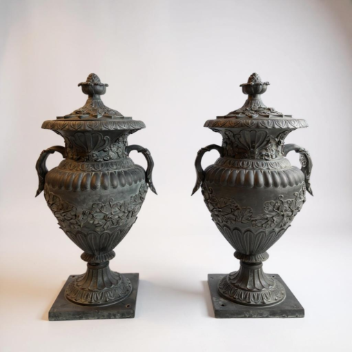 Monumental Vintage Urn With Lid Classic Cast Bronze Verdigris Patinated - Pair