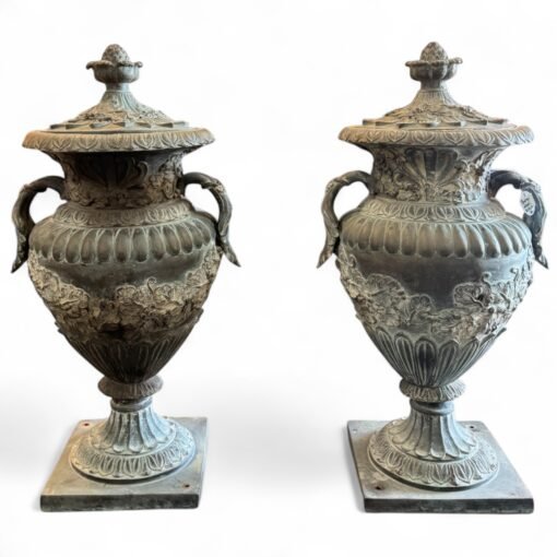 Monumental Vintage Urn With Lid Classic Cast Bronze Verdigris Patinated - Pair - Image 2
