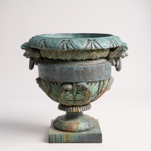 Pair of Large Patinated Bronze Garden Urn with Lion Masks - Image 2