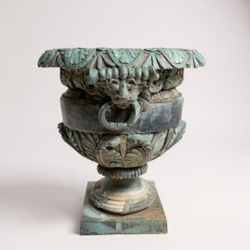 Pair of Large Patinated Bronze Garden Urn with Lion Masks