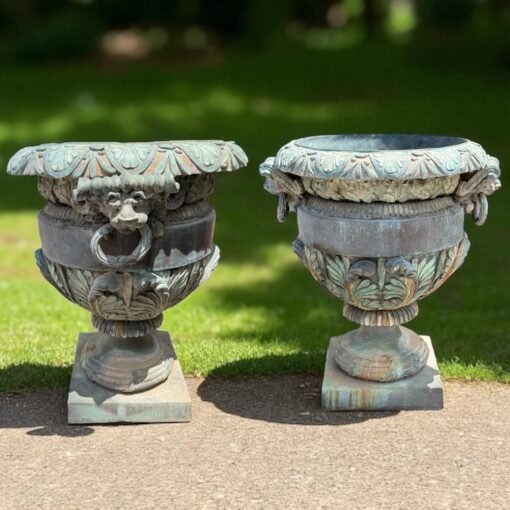 Pair of Large Patinated Bronze Garden Urn with Lion Masks - Image 3