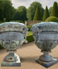Pair of Magnificent Patinated Bronze Garden Urn with Lion Masks