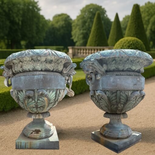 Pair of Magnificent Patinated Bronze Garden Urn with Lion Masks