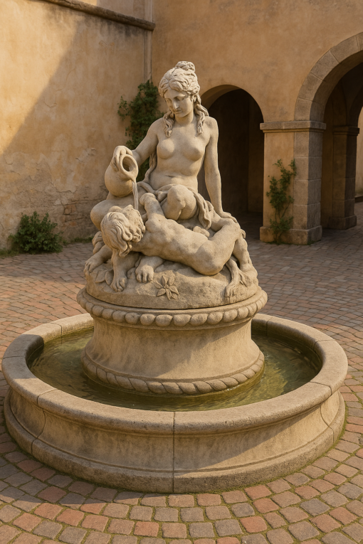 Antique Stone Fountain with Female and Cherub - Image 4