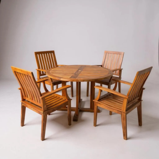 Outdoor Round Teak Dining Table and Chairs - Set - Image 2