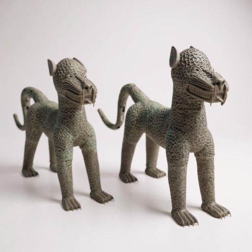 Pair of African Benin Style Bronze Cat Sculptures
