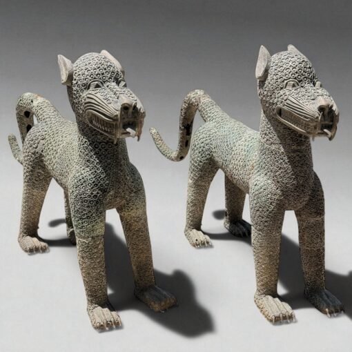 Pair of African Benin Style Bronze Cat Sculptures - Image 3