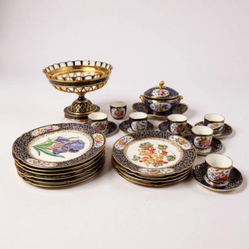 Vintage Porcelain Dinnerware & Tea Set with Gilt Detailing