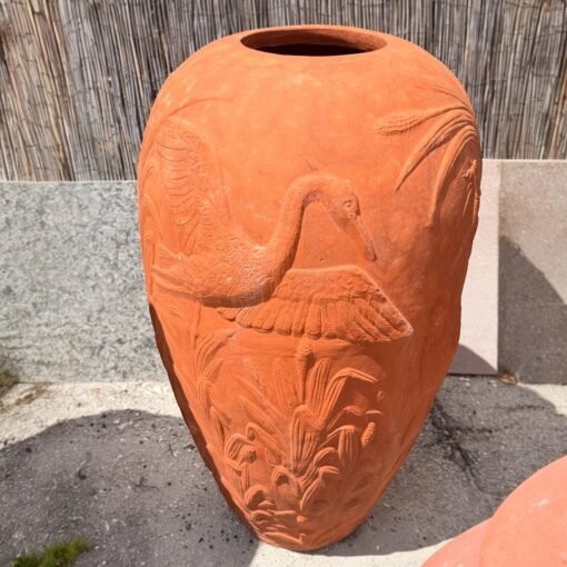 Large Italian Terra Cotta Planter with Crane Motif.