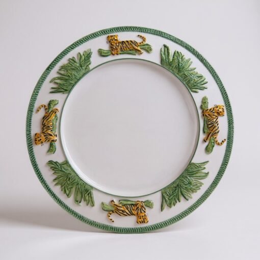 Les Ottomans Le Tigres White Ceramic Plates, Pair, Hand-Painted, Tigers, Italy