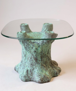 Whimsical End Tables in Verdigris Tree Trunk Form with Glass Tops