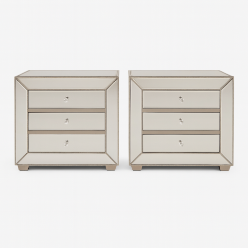 Pair of Hollywood Regency Mirrored 3-Drawer Nightstand/Chest