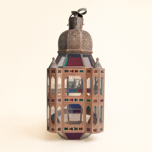Moroccan Colored Glass and Brass Lantern