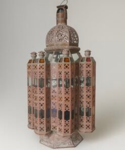 Moroccan-Style Pierced Metal Lantern with Colored Glass Panels