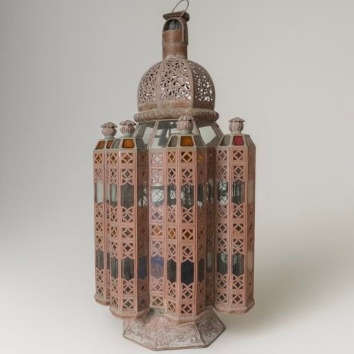 Moroccan-Style Pierced Metal Lantern with Colored Glass Panels