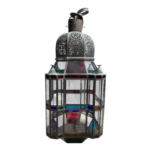 Moroccan Colored Glass and Brass Lantern - Image 2