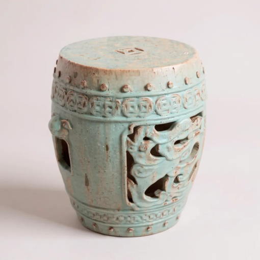 Chinese Celadon Garden Stool with Foo Dog Motif
