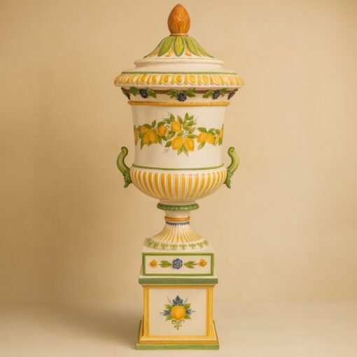Italian Hand-Painted Ceramic Lidded Urn on Pedestal