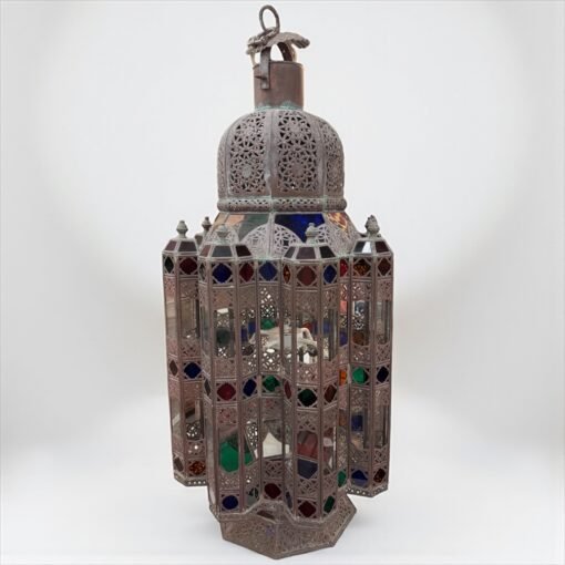 Large Moroccan Lantern with Colored Glass Panels - Image 2