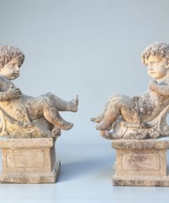 Pair of Carved Marble Putti Statues on Plinths — In the Manner of 19th-Century Italian Garden Statuary