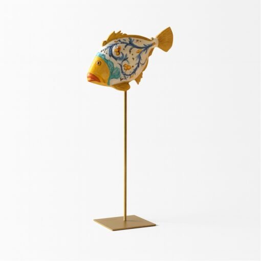 Spanish Hand-Painted Ceramic Fish Lamp on Gilt Stand