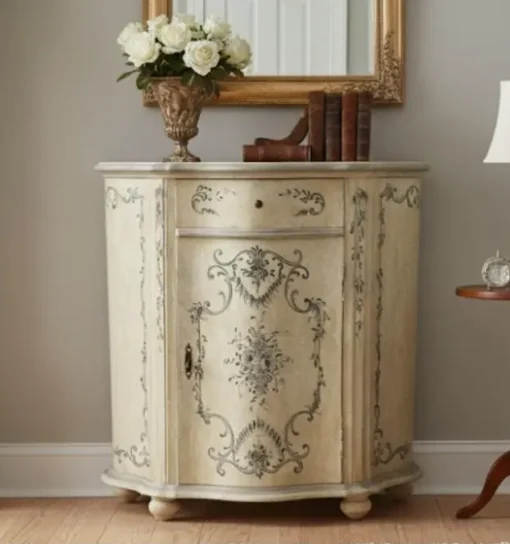 French Provincial Hand-Painted Demilune Cabinet / Console